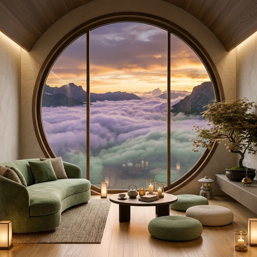Luxury zen indoor space with massive circular window revealing a sea of clouds in soft purple and sage green at sunset
