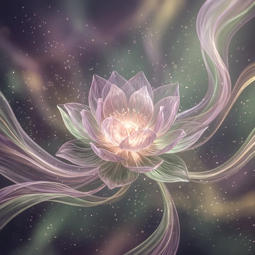 Glowing translucent lotus flower surrounded by flowing ribbon-like light streams in soft dusty purple and sage green