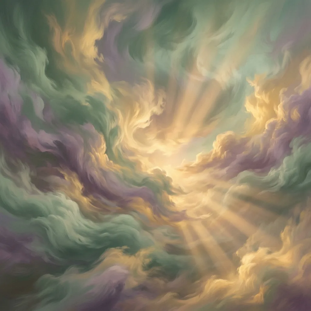Abstract cinematic swirling clouds in soft sage green, dusty purple, and warm golden yellow