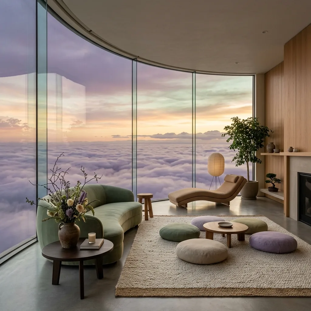 Luxury modern zen living room with huge curved glass window overlooking endless sea of clouds bathed in sunset light