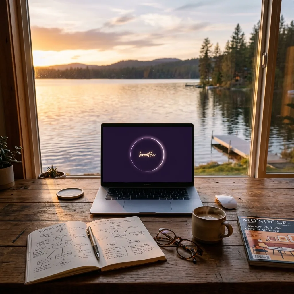 Warm wooden desk facing a tranquil lake at golden hour sunset with laptop showing deep purple breathe circle