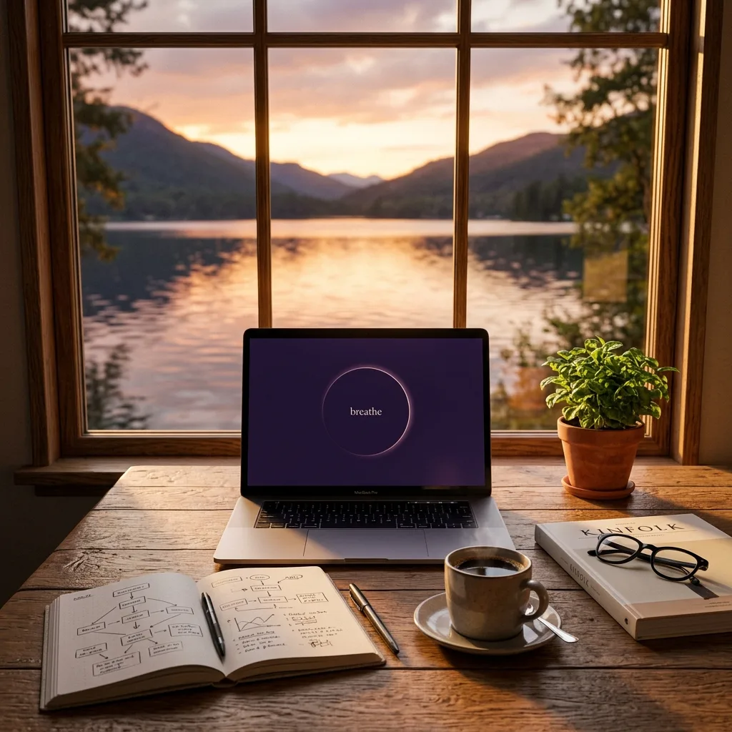 Cozy wooden desk at golden sunset featuring a laptop screen with deep purple breathe glowing circle and open handwritten notebook with flowchart nodes