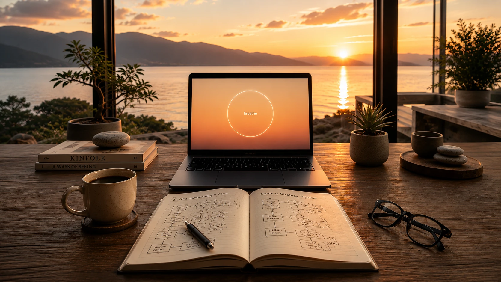 夕陽下的 AI Calm 呼吸畫面、工作筆記與安靜的數位創作空間